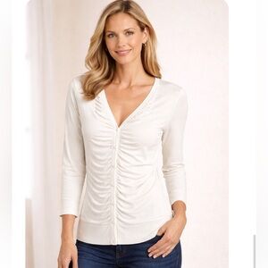 JONES NY Cream V-Neckline Shirred Front Button Down Blouse Size M
